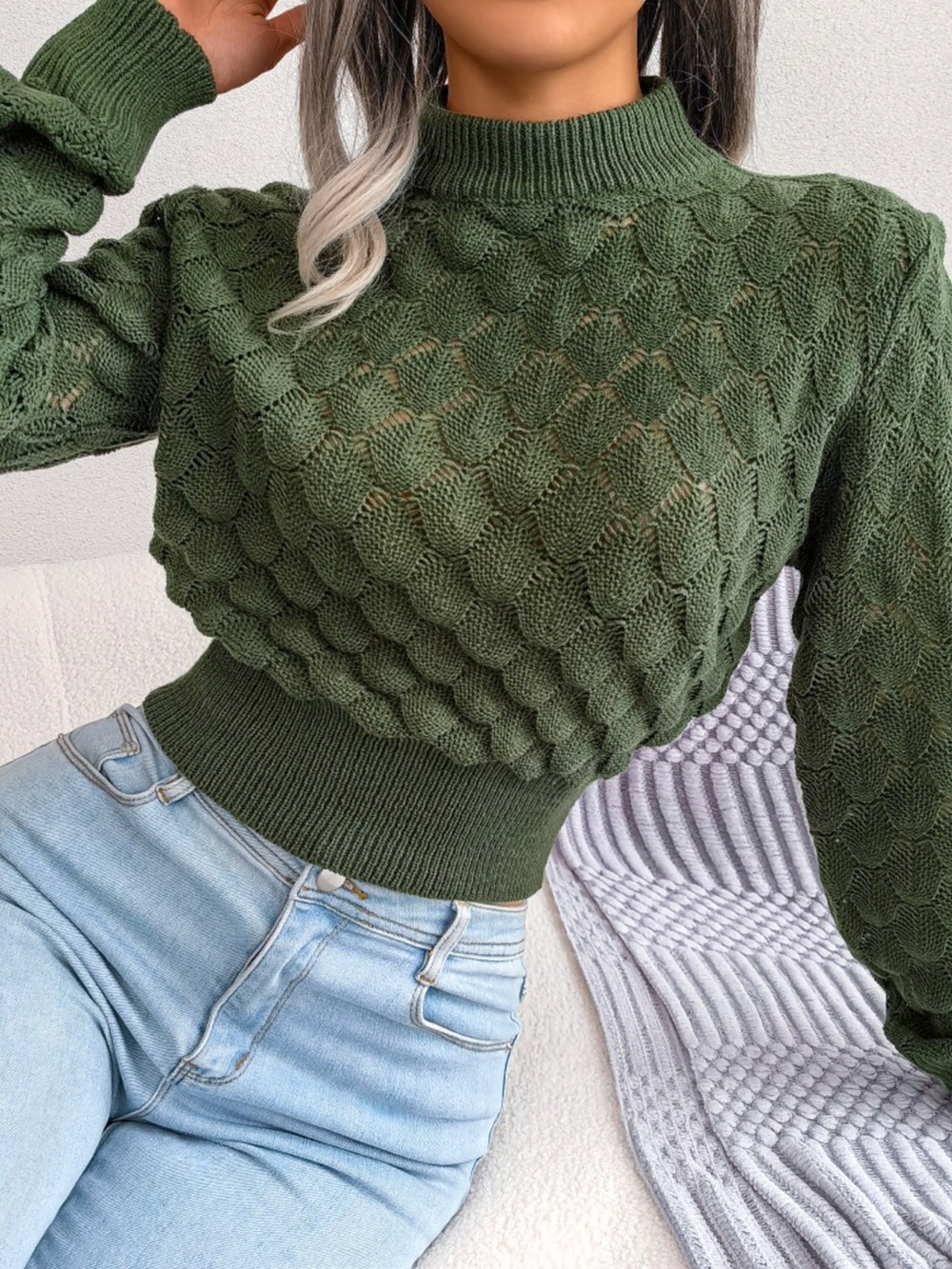 Mock Neck Textured Cropped Sweater - Picture 2 of 13